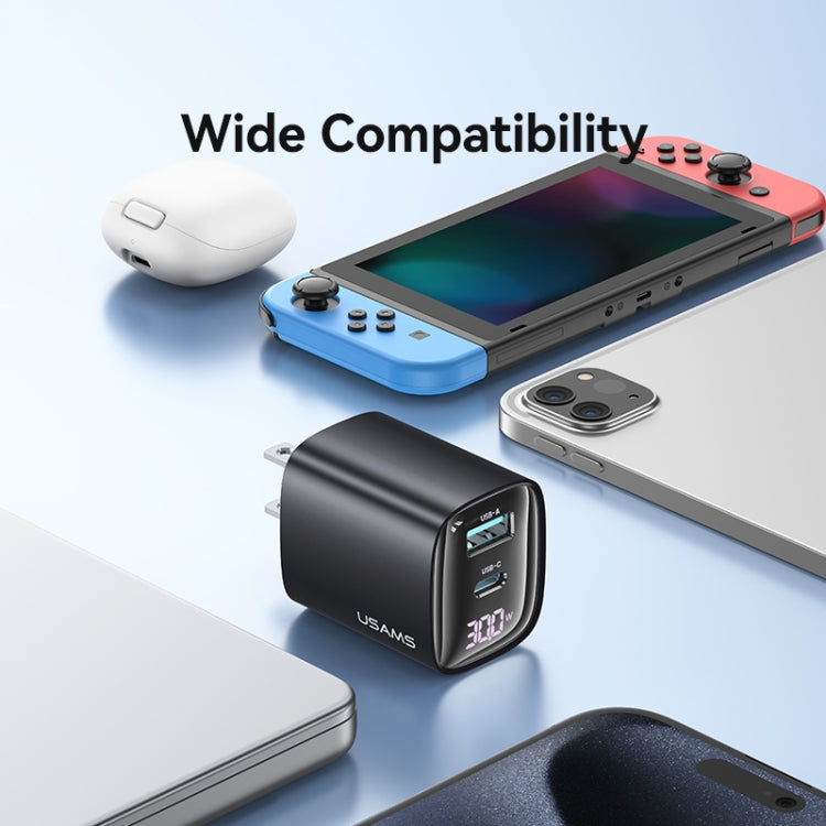 USAMS CC230 30W USB+USB-C / Type-C Dual Port GaN Digital Display Charger, Specifications: US Plug(Black)