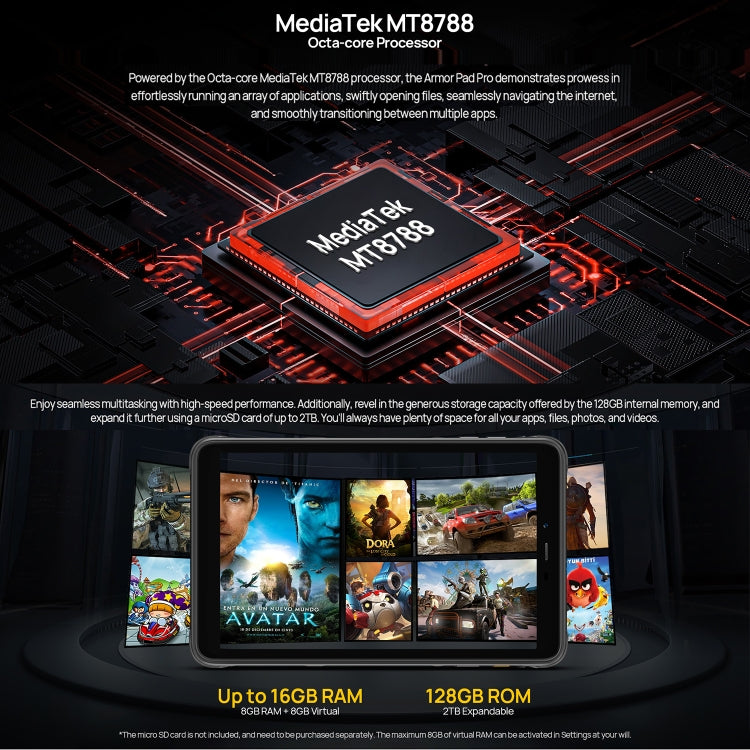 [HK Warehouse] Ulefone Armor Pad Pro Rugged Tablet PC, 8GB+128GB, 8 inch Android 13 MediaTek MT8788 Octa Core 4G Network, EU Plug(Black)