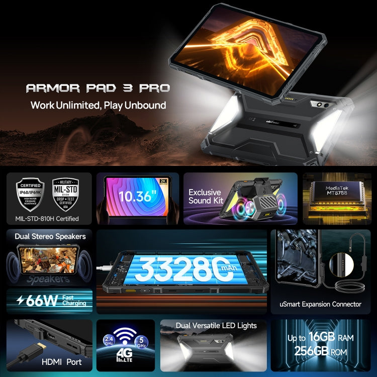 [HK Warehouse] Ulefone Armor Pad 3 Pro Rugged Tablet PC, 8GB+256GB, 10.36 inch Android 13 MediaTek MT8788 Octa Core 4G Network, EU Plug(Black)