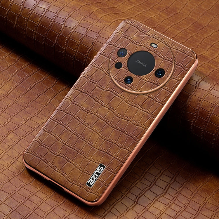 For Huawei Mate 60 / 60 Pro+ AZNS Electroplated Frame Crocodile Texture Full Coverage Phone Case(Brown)