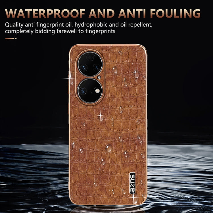 For Huawei P50 Pro AZNS Electroplated Frame Crocodile Texture Full Coverage Phone Case(Brown)