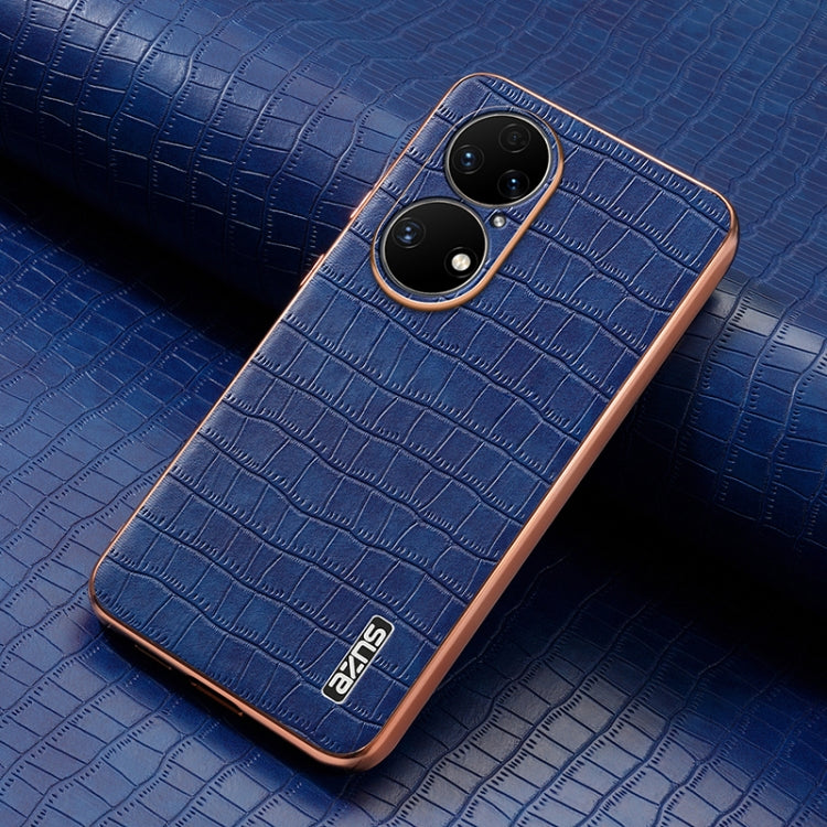For Huawei P50 Pro AZNS Electroplated Frame Crocodile Texture Full Coverage Phone Case(Blue)