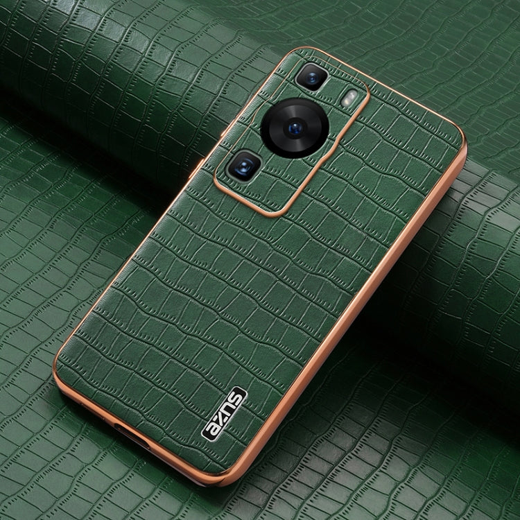 For Huawei P60 / P60 Pro AZNS Electroplated Frame Crocodile Texture Full Coverage Phone Case(Green)