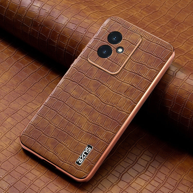 For Honor 100 AZNS Electroplated Frame Crocodile Texture Full Coverage Phone Case(Brown)