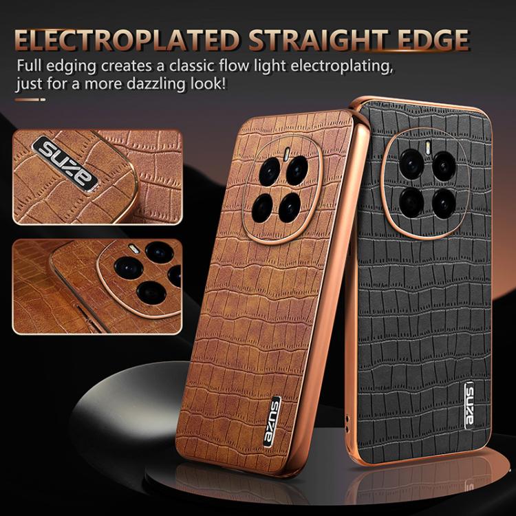 For Honor Magic7 AZNS Electroplated Frame Crocodile Texture Full Coverage Phone Case(Brown)