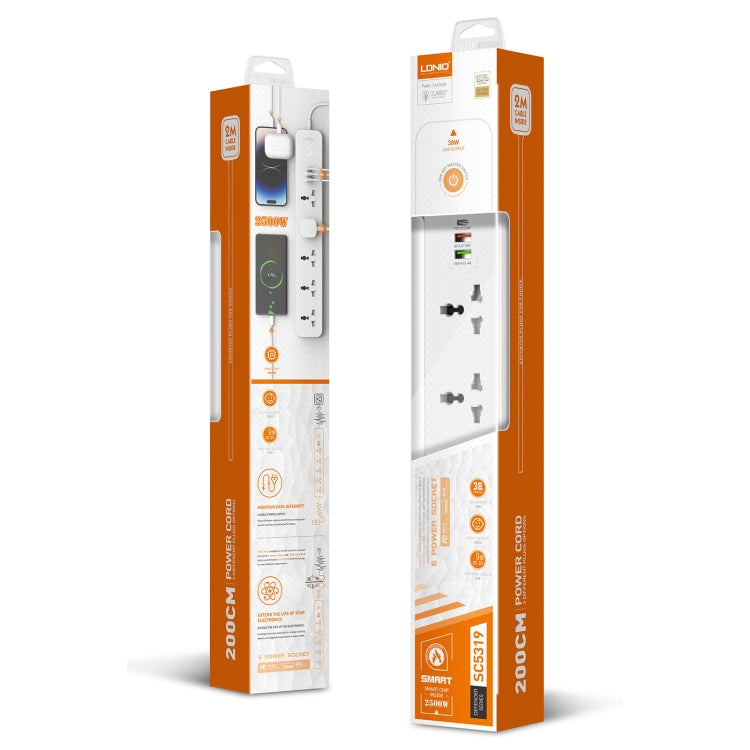LDNIO SC5319 5-position Travel Home Office Socket with 38W USB Ports, Cable Length: 2m(UK Plug)