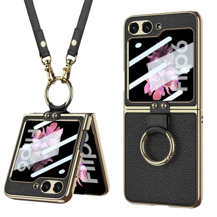 For Samsung Galaxy Z Flip6 / Flip7 FE GKK Integrated Electroplating Leather Phone Case with Ring/Strap(Black)