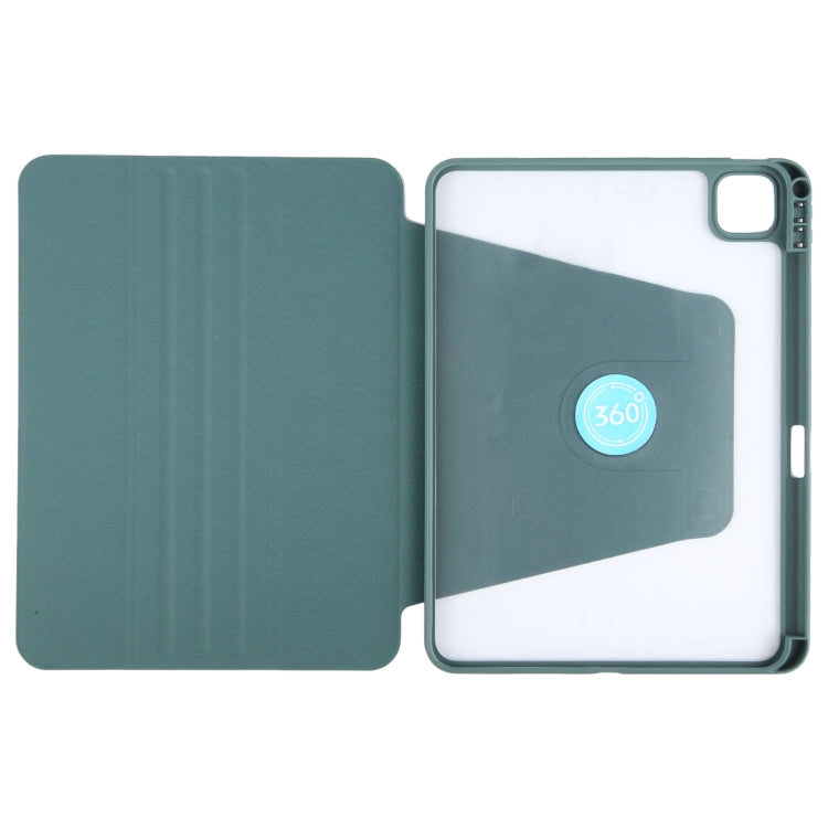 For iPad Pro 11 2025 / 2024 GEBEI Acrylic TPU 3-folding Rotating Smart Tablet Leather Case withh Pen Slot(Dark Green)