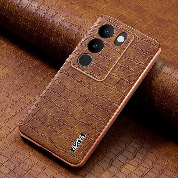 For vivo V29 / V29 Pro AZNS Electroplated Frame Crocodile Texture Full Coverage Phone Case(Brown)