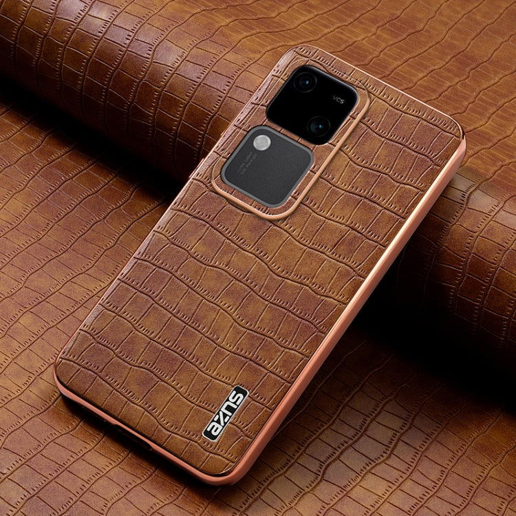 For vivo V30 / V30 Pro AZNS Electroplated Frame Crocodile Texture Full Coverage Phone Case(Brown)