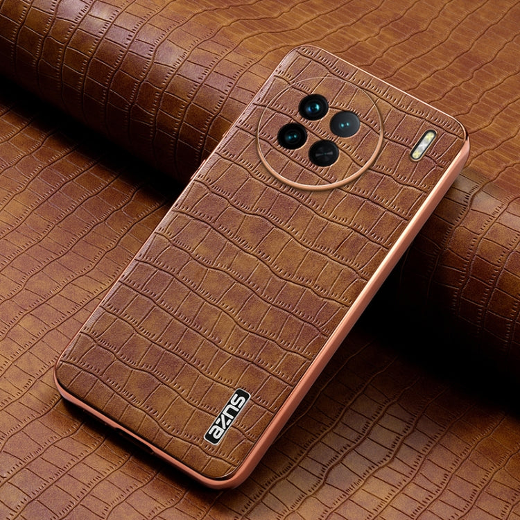 For vivo X90 / X90s AZNS Electroplated Frame Crocodile Texture Full Coverage Phone Case(Brown)