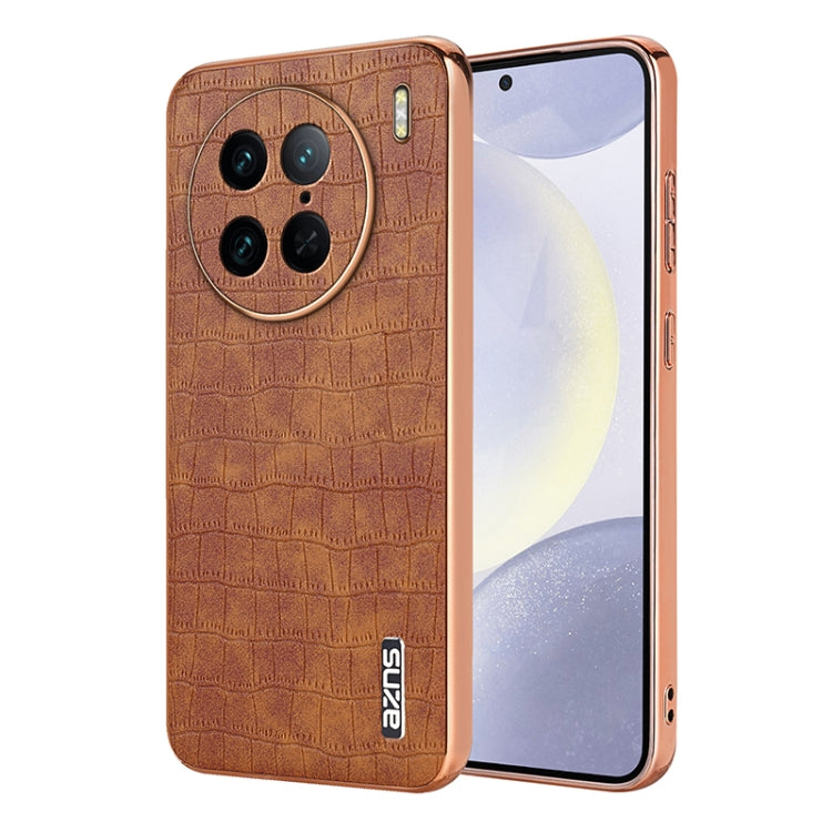 For vivo X90 Pro AZNS Electroplated Frame Crocodile Texture Full Coverage Phone Case(Brown)
