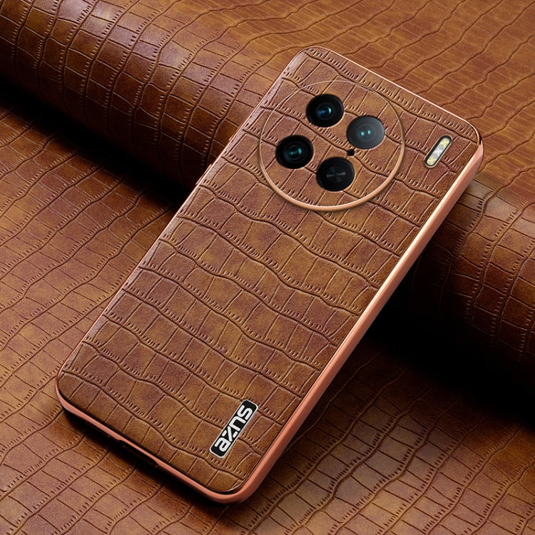 For vivo X90 Pro AZNS Electroplated Frame Crocodile Texture Full Coverage Phone Case(Brown)