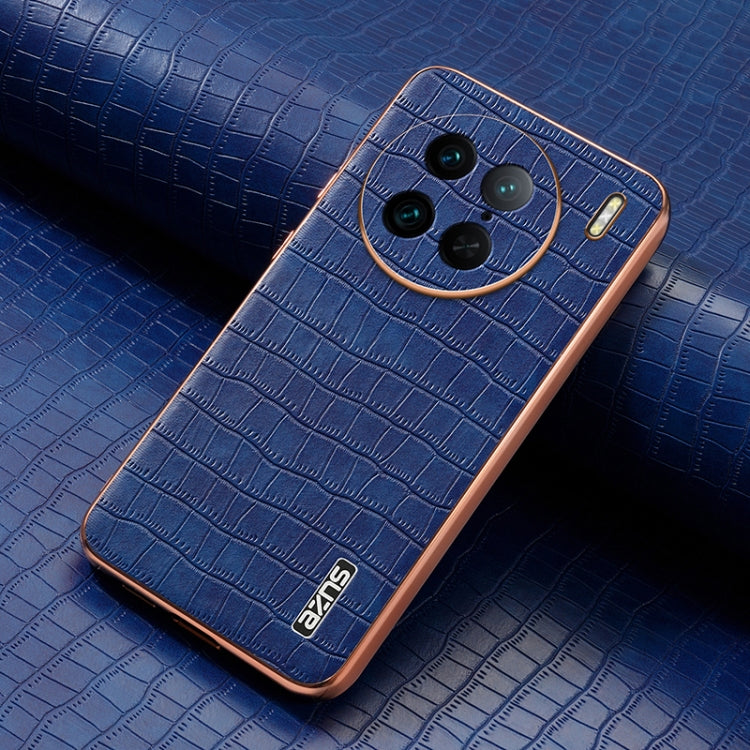 For vivo X90 Pro AZNS Electroplated Frame Crocodile Texture Full Coverage Phone Case(Blue)
