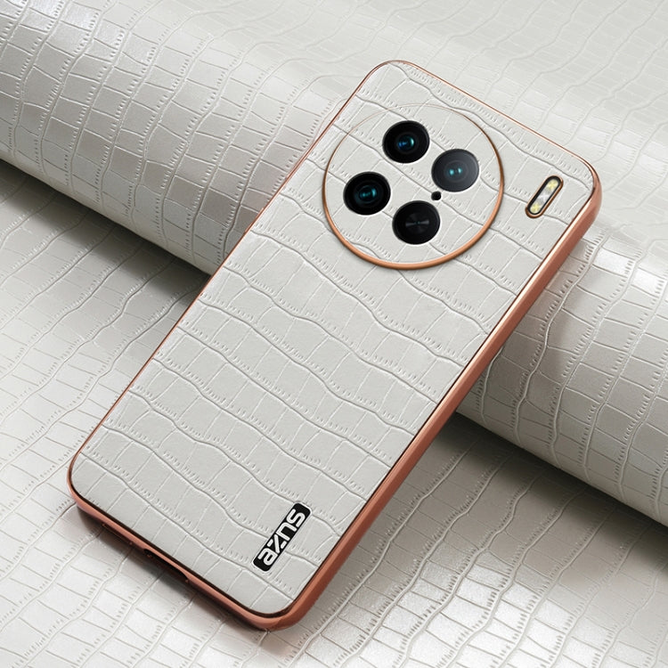 For vivo X90 Pro AZNS Electroplated Frame Crocodile Texture Full Coverage Phone Case(White)