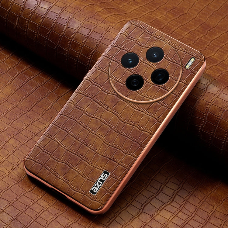For vivo X200 AZNS Electroplated Frame Crocodile Texture Full Coverage Phone Case(Brown)