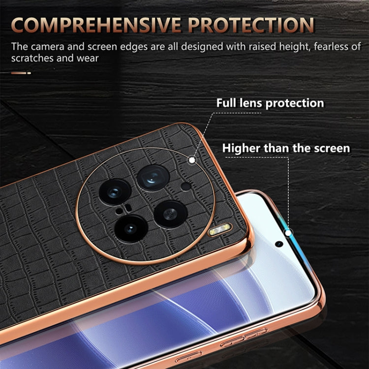 For vivo X200 Pro AZNS Electroplated Frame Crocodile Texture Full Coverage Phone Case(Brown)
