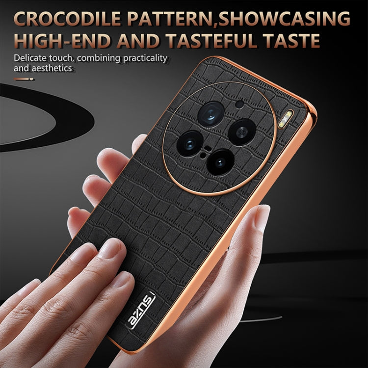 For vivo X200 Pro AZNS Electroplated Frame Crocodile Texture Full Coverage Phone Case(Brown)
