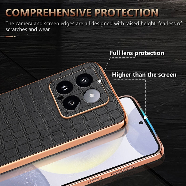 For Xiaomi 14 AZNS Electroplated Frame Crocodile Texture Full Coverage Phone Case(Brown)
