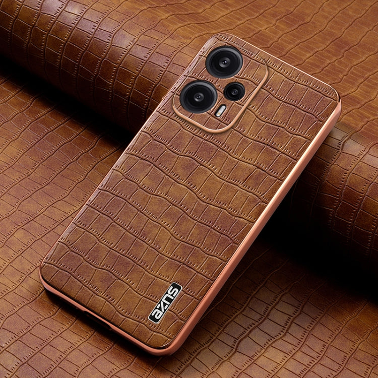 For Xiaomi Poco F5 AZNS Electroplated Frame Crocodile Texture Full Coverage Phone Case(Brown)