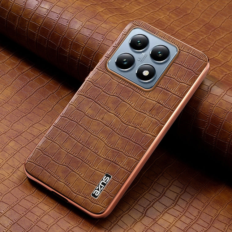 For Xiaomi 14T Pro AZNS Electroplated Frame Crocodile Texture Full Coverage Phone Case(Brown)