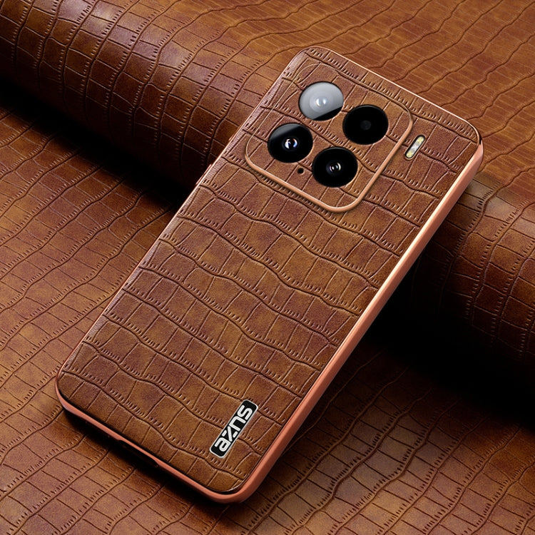 For Xiaomi 15 AZNS Electroplated Frame Crocodile Texture Full Coverage Phone Case(Brown)