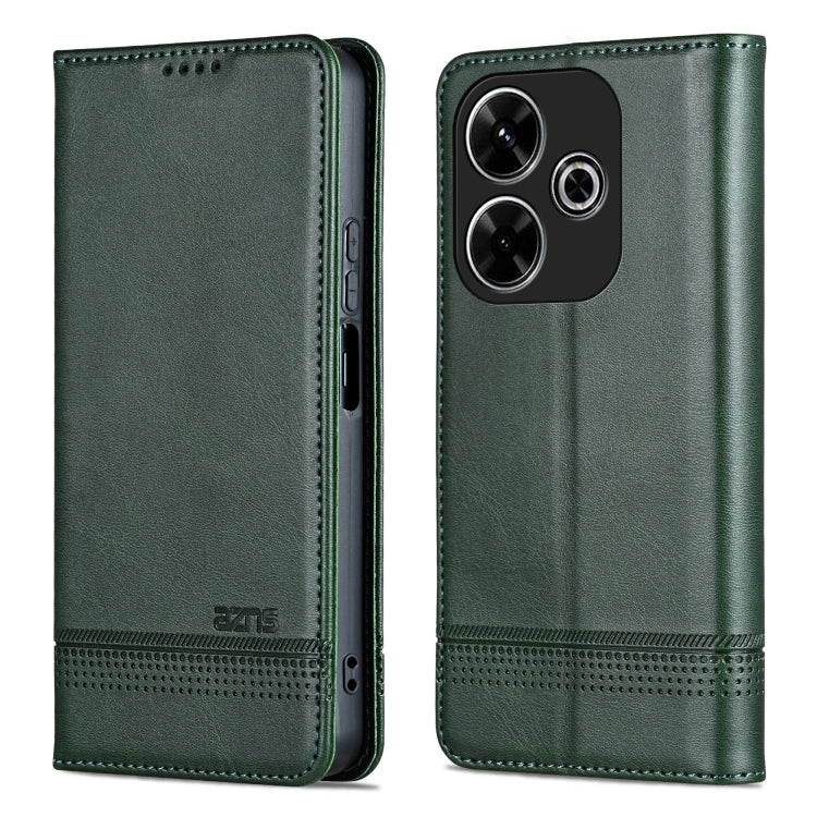 For Xiaomi Redmi 13 4G Global AZNS Magnetic Calf Texture Flip Leather Phone Case(Dark Green)
