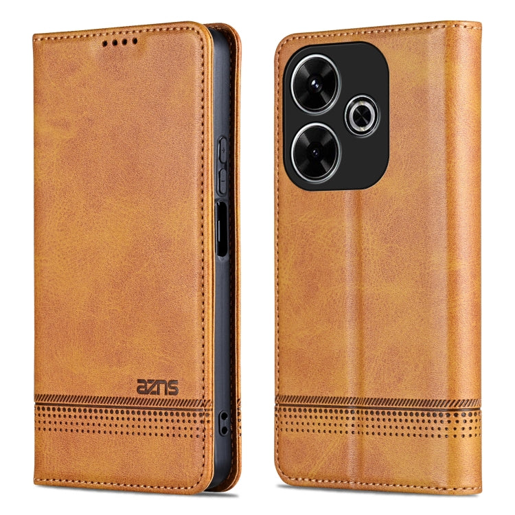 For Xiaomi Redmi 13 4G Global AZNS Magnetic Calf Texture Flip Leather Phone Case(Light Brown)