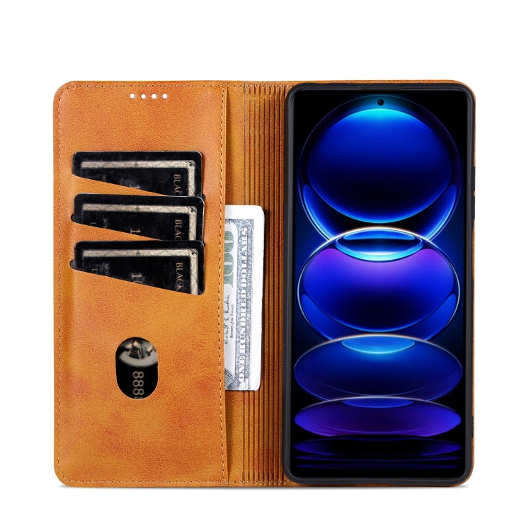 For Xiaomi Redmi 13 4G Global AZNS Magnetic Calf Texture Flip Leather Phone Case(Light Brown)