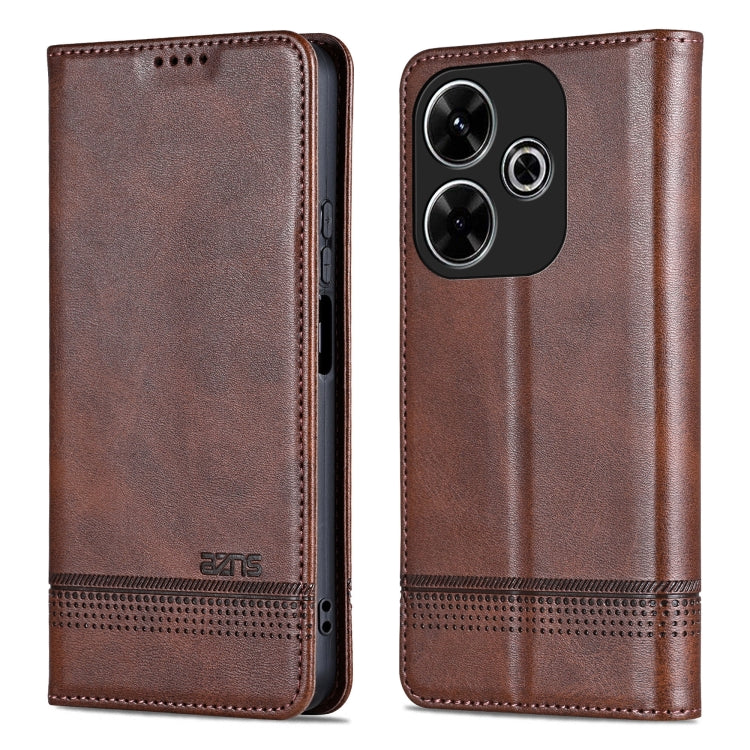 For Xiaomi Redmi 13 4G Global AZNS Magnetic Calf Texture Flip Leather Phone Case(Dark Brown)