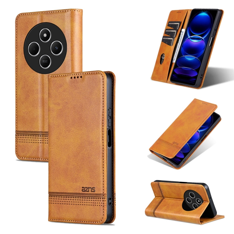 For Redmi 14C 4G AZNS Magnetic Calf Texture Flip Leather Phone Case(Light Brown)