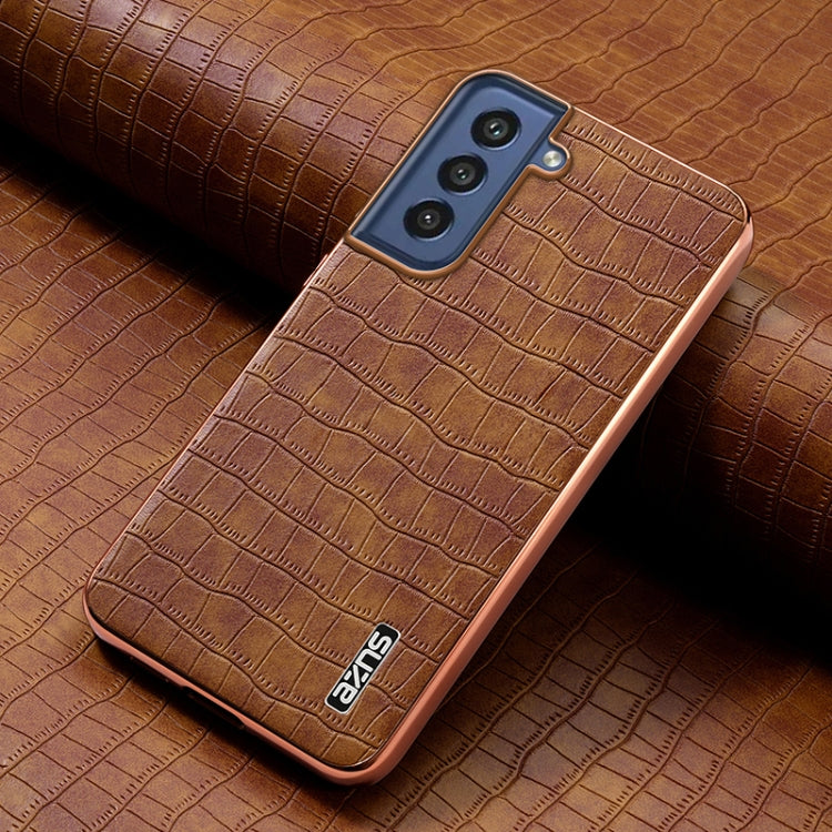 For Samsung Galaxy S21 FE 5G AZNS Electroplated Frame Crocodile Texture Full Coverage Phone Case(Brown)