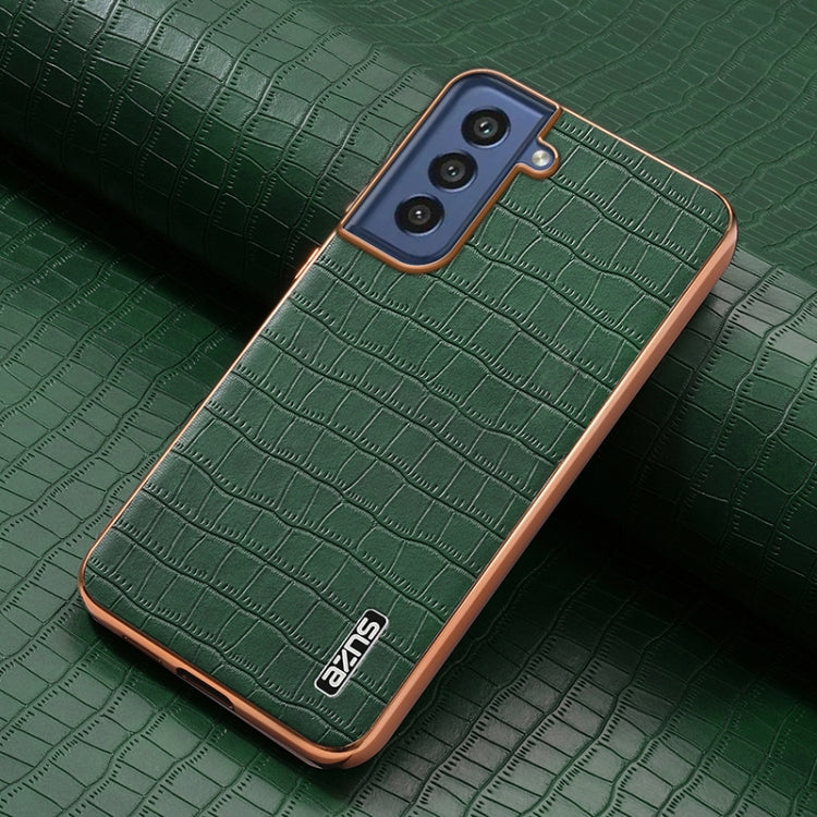 For Samsung Galaxy S21 FE 5G AZNS Electroplated Frame Crocodile Texture Full Coverage Phone Case(Green)