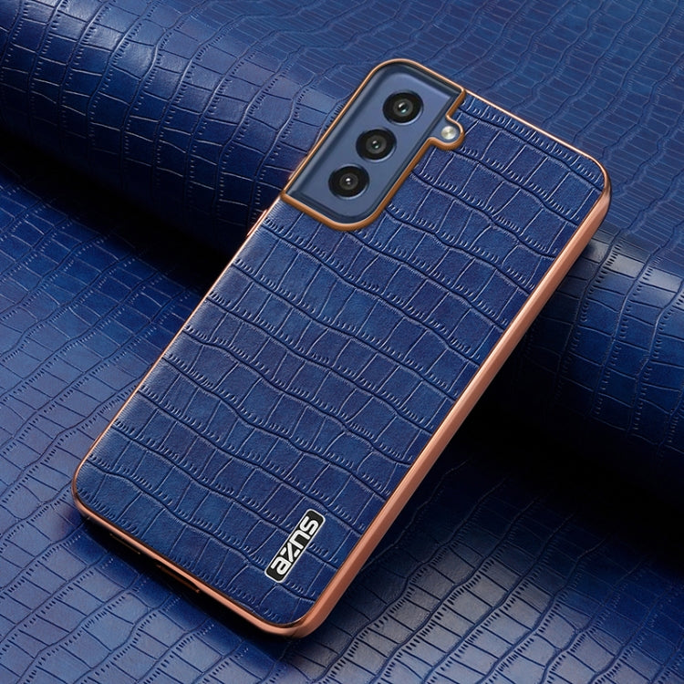 For Samsung Galaxy S21 FE 5G AZNS Electroplated Frame Crocodile Texture Full Coverage Phone Case(Blue)
