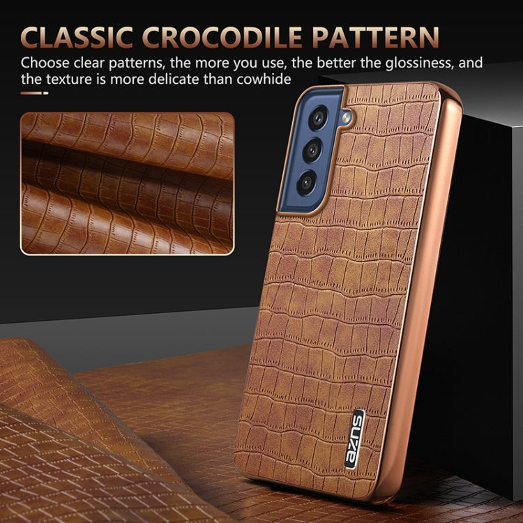 For Samsung Galaxy S21 FE 5G AZNS Electroplated Frame Crocodile Texture Full Coverage Phone Case(Blue)
