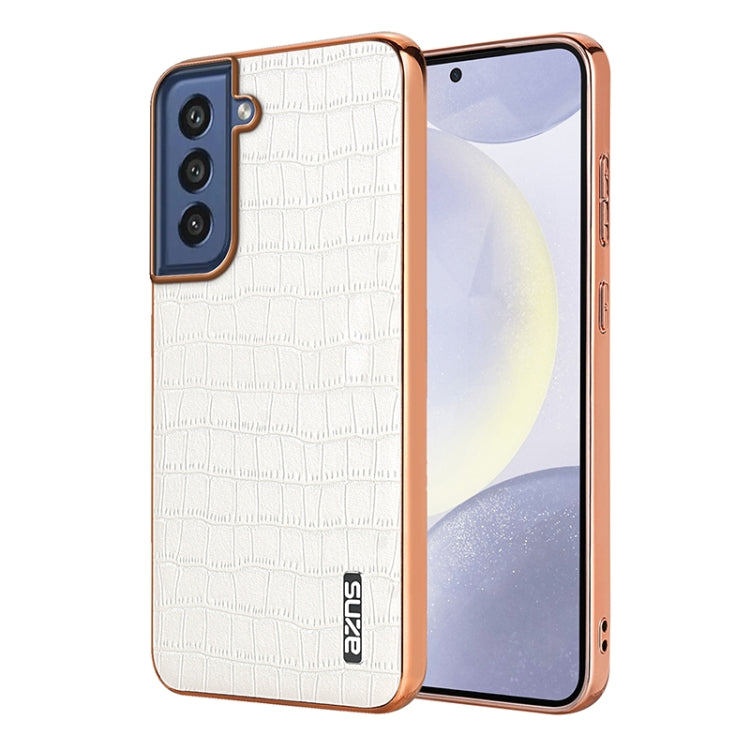 For Samsung Galaxy S21 FE 5G AZNS Electroplated Frame Crocodile Texture Full Coverage Phone Case(White)