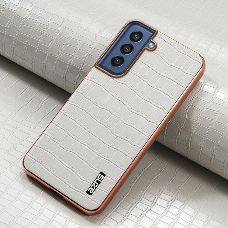 For Samsung Galaxy S21 FE 5G AZNS Electroplated Frame Crocodile Texture Full Coverage Phone Case(White)