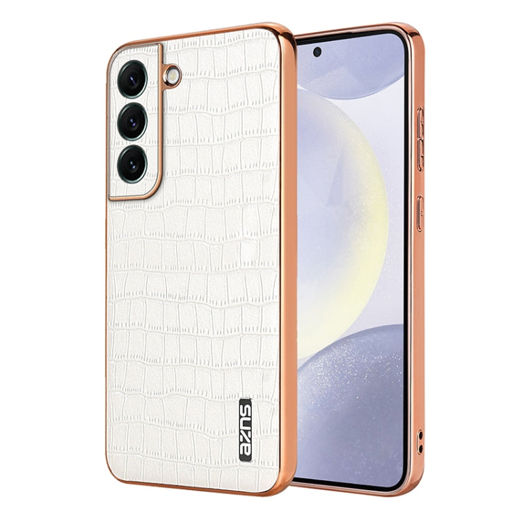 For Samsung Galaxy S22 5G AZNS Electroplated Frame Crocodile Texture Full Coverage Phone Case(White)