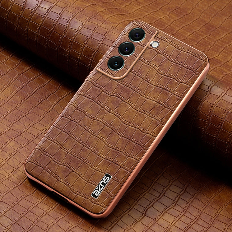 For Samsung Galaxy S22+ 5G AZNS Electroplated Frame Crocodile Texture Full Coverage Phone Case(Brown)