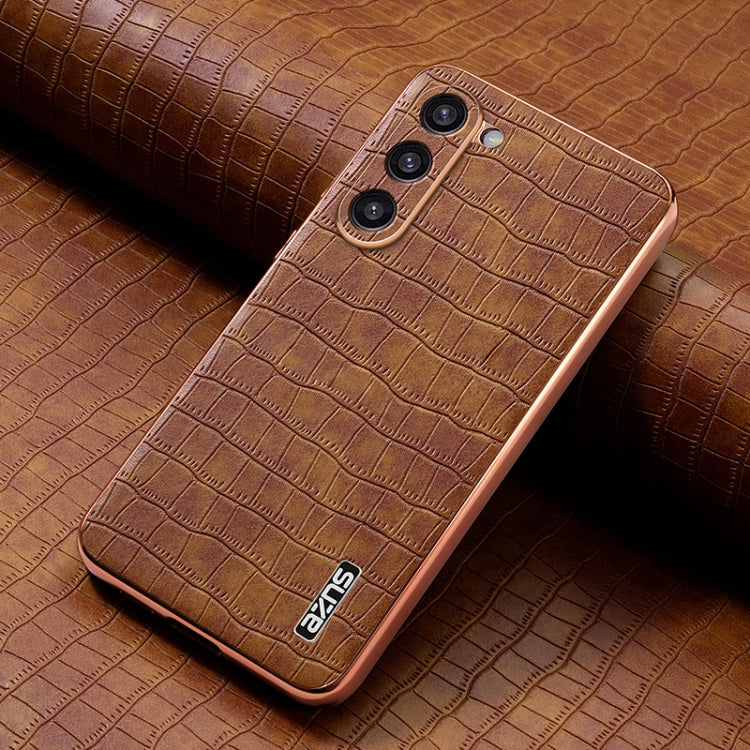 For Samsung Galaxy S23 5G AZNS Electroplated Frame Crocodile Texture Full Coverage Phone Case(Brown)