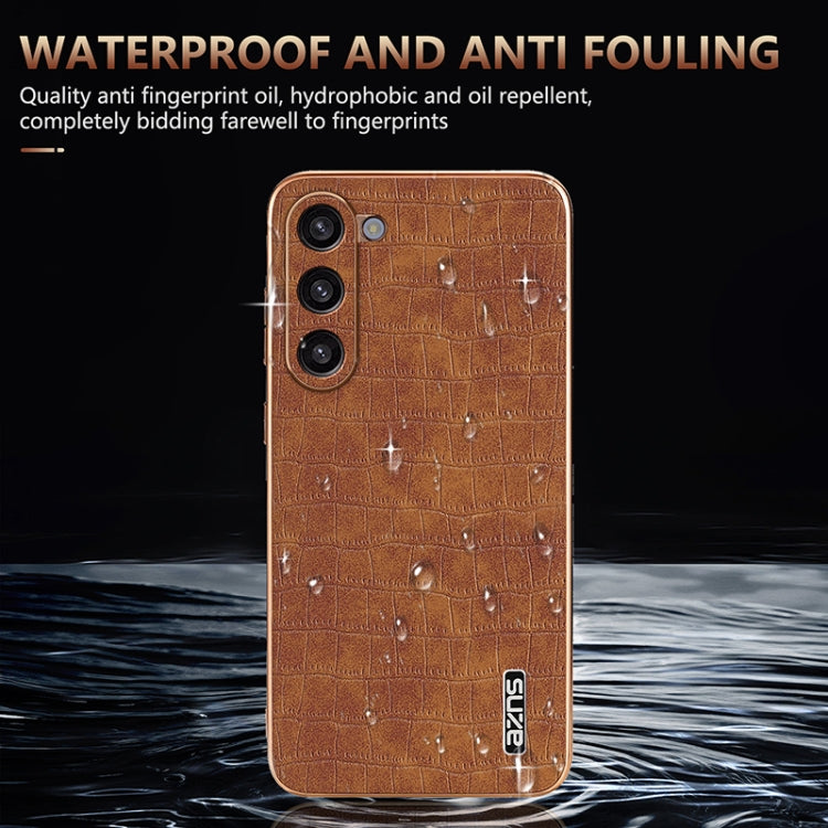 For Samsung Galaxy S23 5G AZNS Electroplated Frame Crocodile Texture Full Coverage Phone Case(Brown)