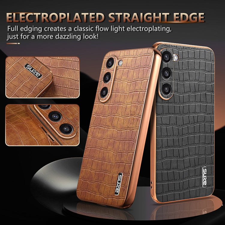 For Samsung Galaxy S23 5G AZNS Electroplated Frame Crocodile Texture Full Coverage Phone Case(Blue)