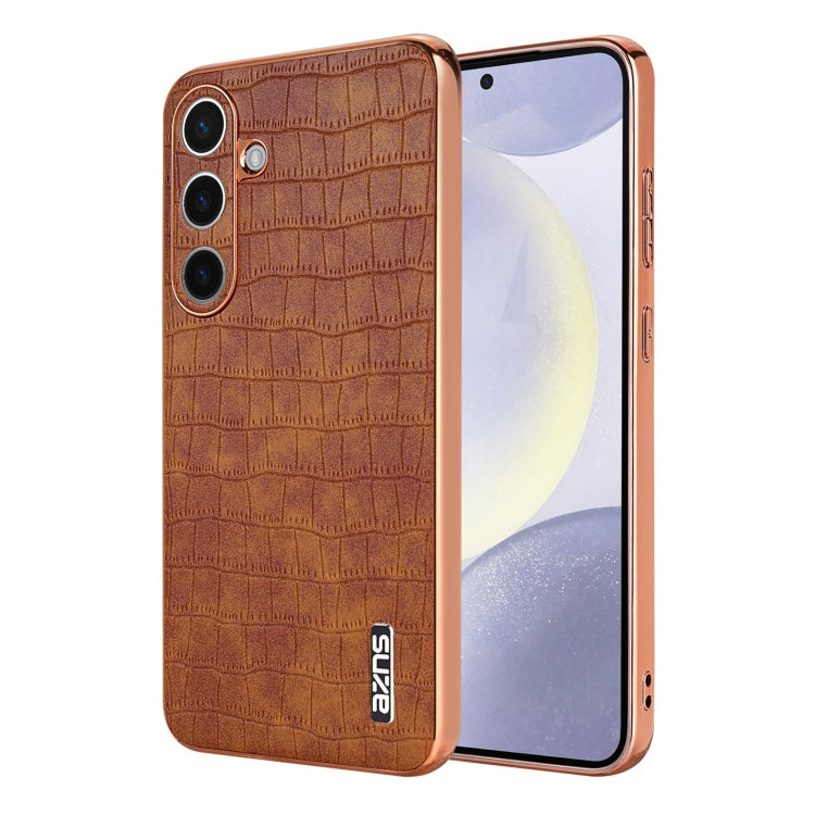 For Samsung Galaxy S25 5G AZNS Electroplated Frame Crocodile Texture Full Coverage Phone Case(Brown)