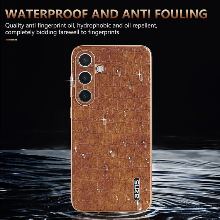 For Samsung Galaxy S25 5G AZNS Electroplated Frame Crocodile Texture Full Coverage Phone Case(Brown)