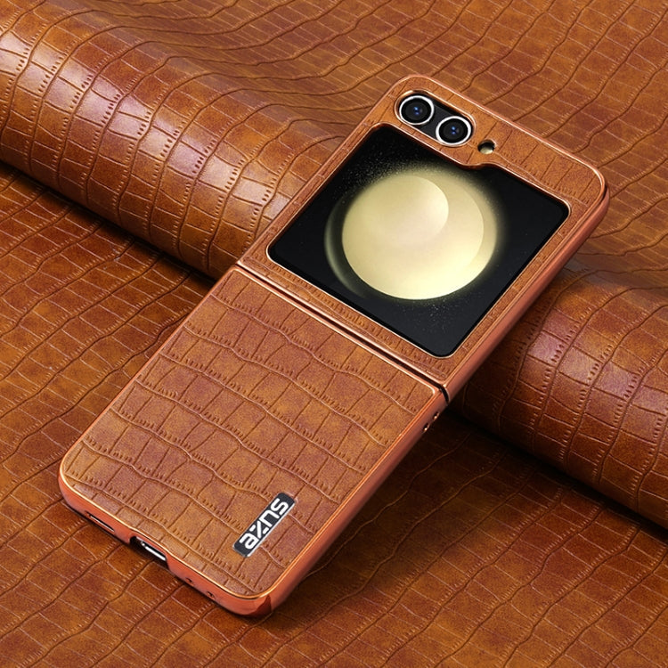 For Samsung Galaxy Z Flip6 / 7 FE AZNS Electroplated Frame Crocodile Texture Full Coverage Phone Case(Brown)