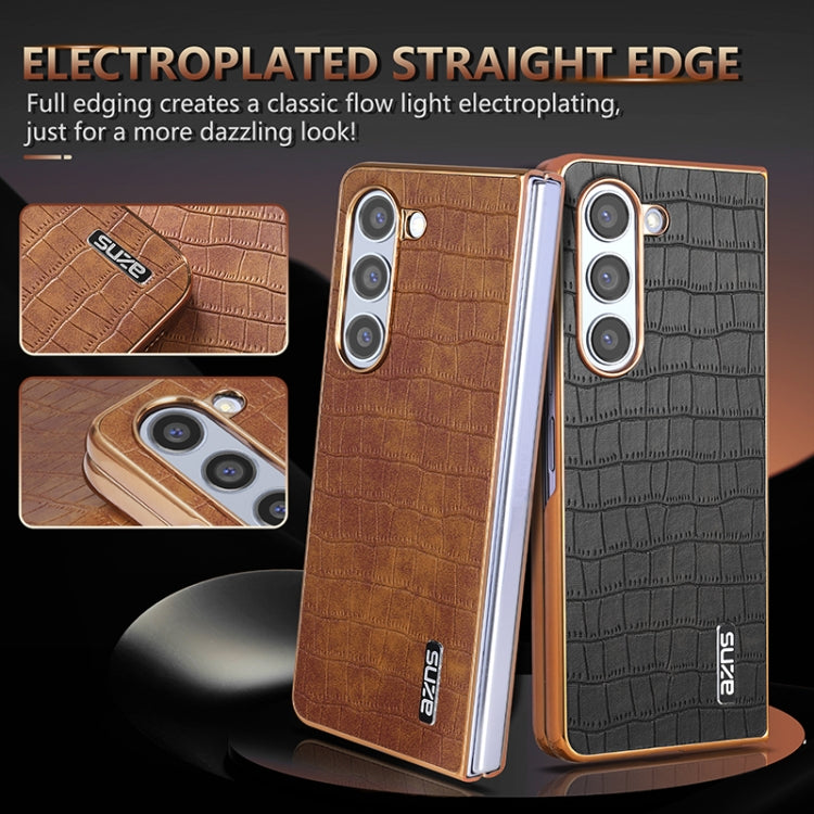 For Samsung Galaxy Z Fold5 AZNS Electroplated Frame Crocodile Texture Full Coverage Phone Case(Brown)