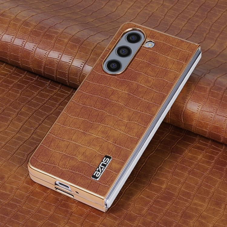 For Samsung Galaxy Z Fold6 AZNS Electroplated Frame Crocodile Texture Full Coverage Phone Case(Brown)