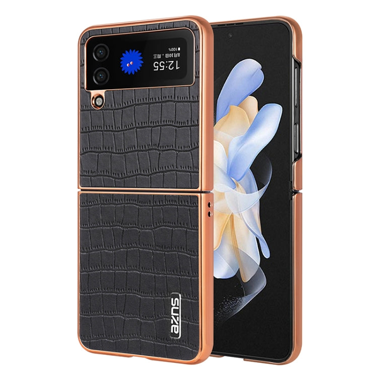 For Samsung Galaxy Z Flip4 5G AZNS Electroplated Frame Crocodile Texture Full Coverage Phone Case(Black)