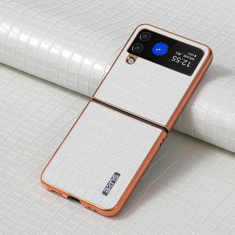 For Samsung Galaxy Z Flip4 5G AZNS Electroplated Frame Crocodile Texture Full Coverage Phone Case(White)