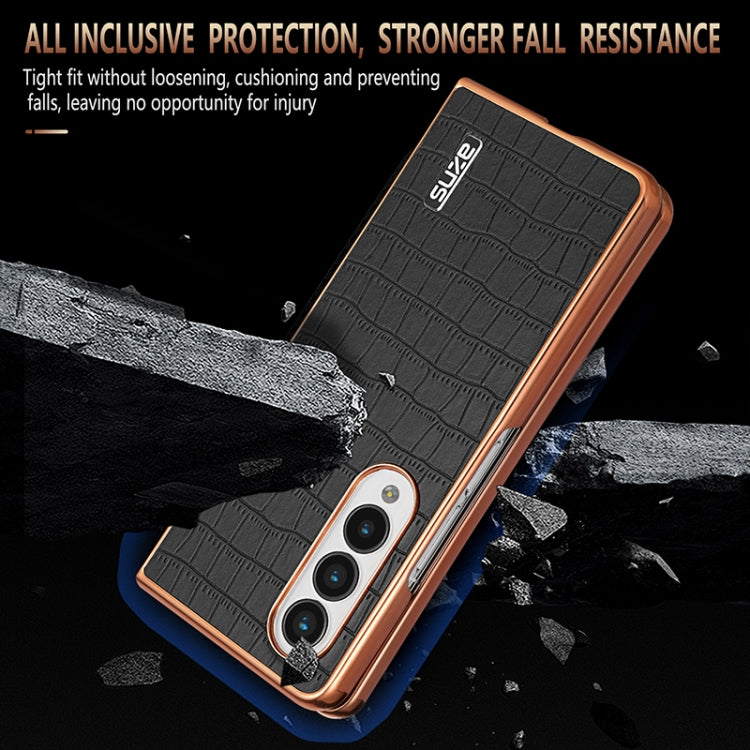 For Samsung Galaxy Z Fold4 5G AZNS Electroplated Frame Crocodile Texture Full Coverage Phone Case(Brown)